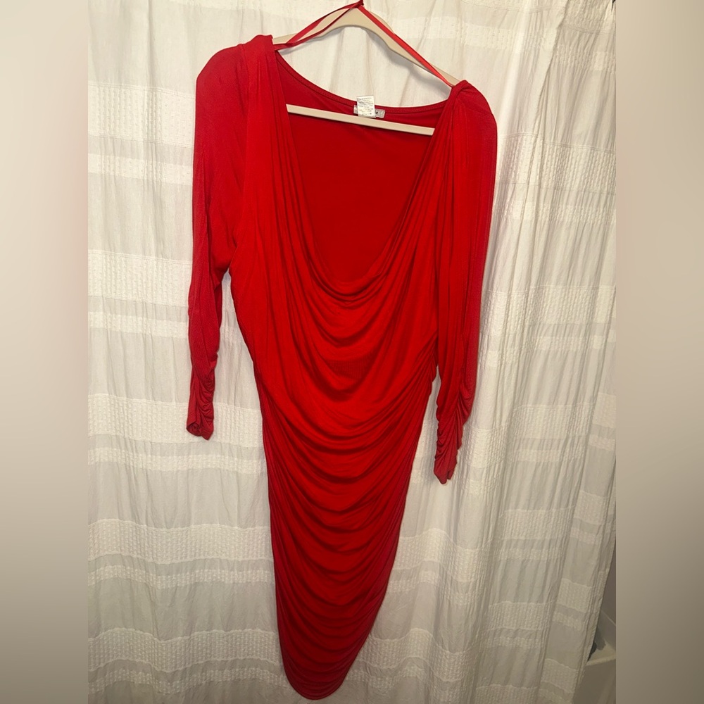 Double Lined Ruched RedOrange draped neck dress
